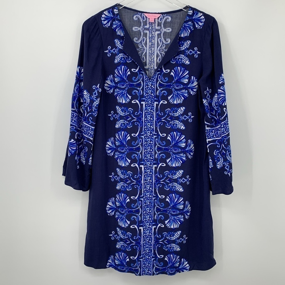 Lilly Pulitzer Harlow tunic dress bright navy twice as nice blue long sleeve S